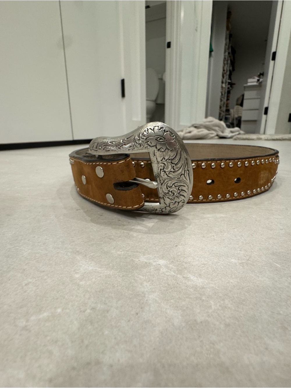 Reversible Western Studded Leather Belt with Ornate Silver Buckle - Tan